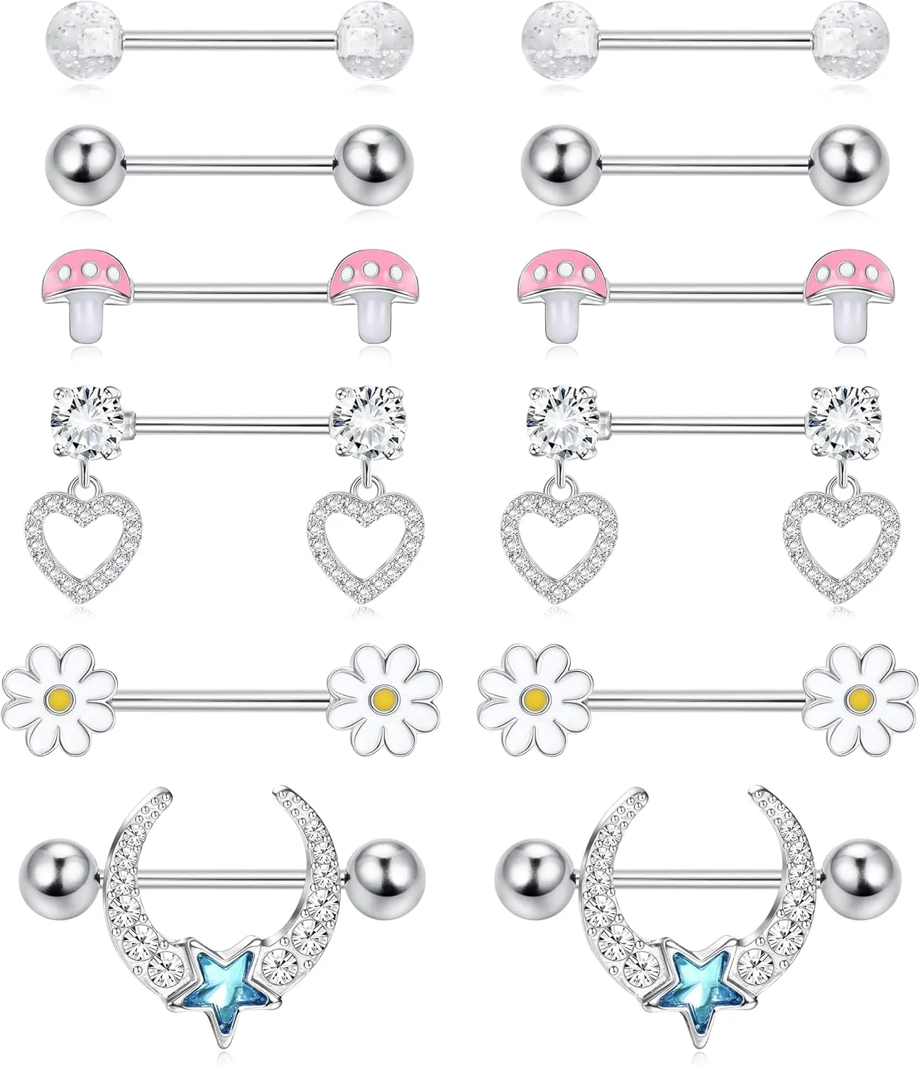 Sanfenly 14G Nipple Rings for Women - Piercing Jewelry Stainless Steel Hypoallergenic Heart Moon Star Daisy Flower Mushroom Barbells