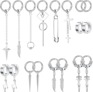 Sanfenly 18Pcs Dangle Clip On Earrings for Men Fake Earrings Stainless Steel Cross Sword Feather Lightning Hinged Hoop Non-Piercing Earrings Set Black Silver Tone