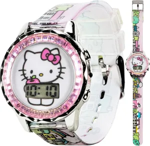 Sanrio Hello Kitty Kids LCD Watch  Pink Cityscape Strap, Metallic Case, Iridescent Bezel, Digital Display, Adorable Printed Dial, Adjustable Fit, Perfect for Girls  Fits Wrists 5.5 to 8