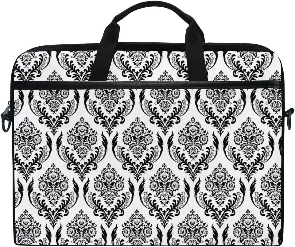 Seamless Black And White Damask Laptop Shoulder Bag Stylish Briefcase Computer Bag with Shoulder Strap Fits for Most 13inch 14inch Laptops Case Sleeve