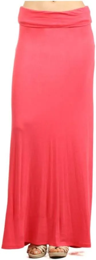 ShezPretty Women's Premium Fold Over High Waist Long Floor Length Maxi Skirt (Large, USA-Coral)