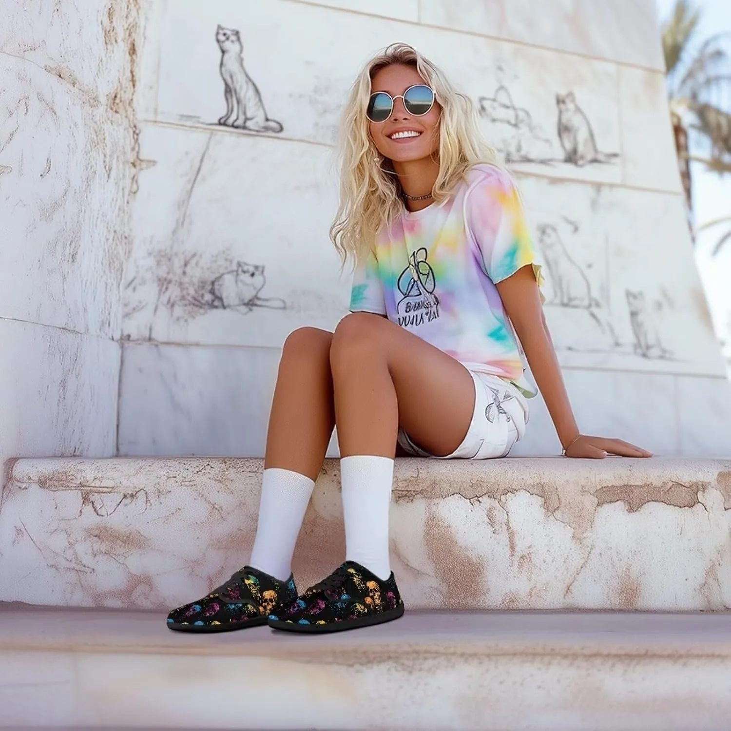 Skull Print Walking Shoes Running Sneakers Fashion Work Flats Lace-Up Driving Loafers for Women