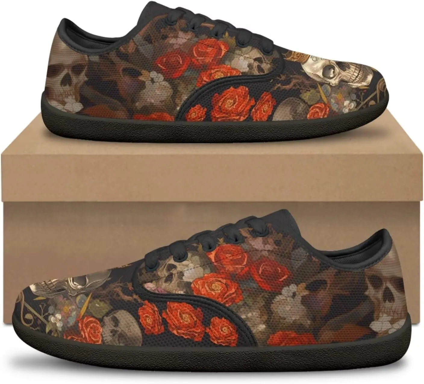 Skull Print Walking Shoes Running Sneakers Fashion Work Flats Lace-Up Driving Loafers for Women