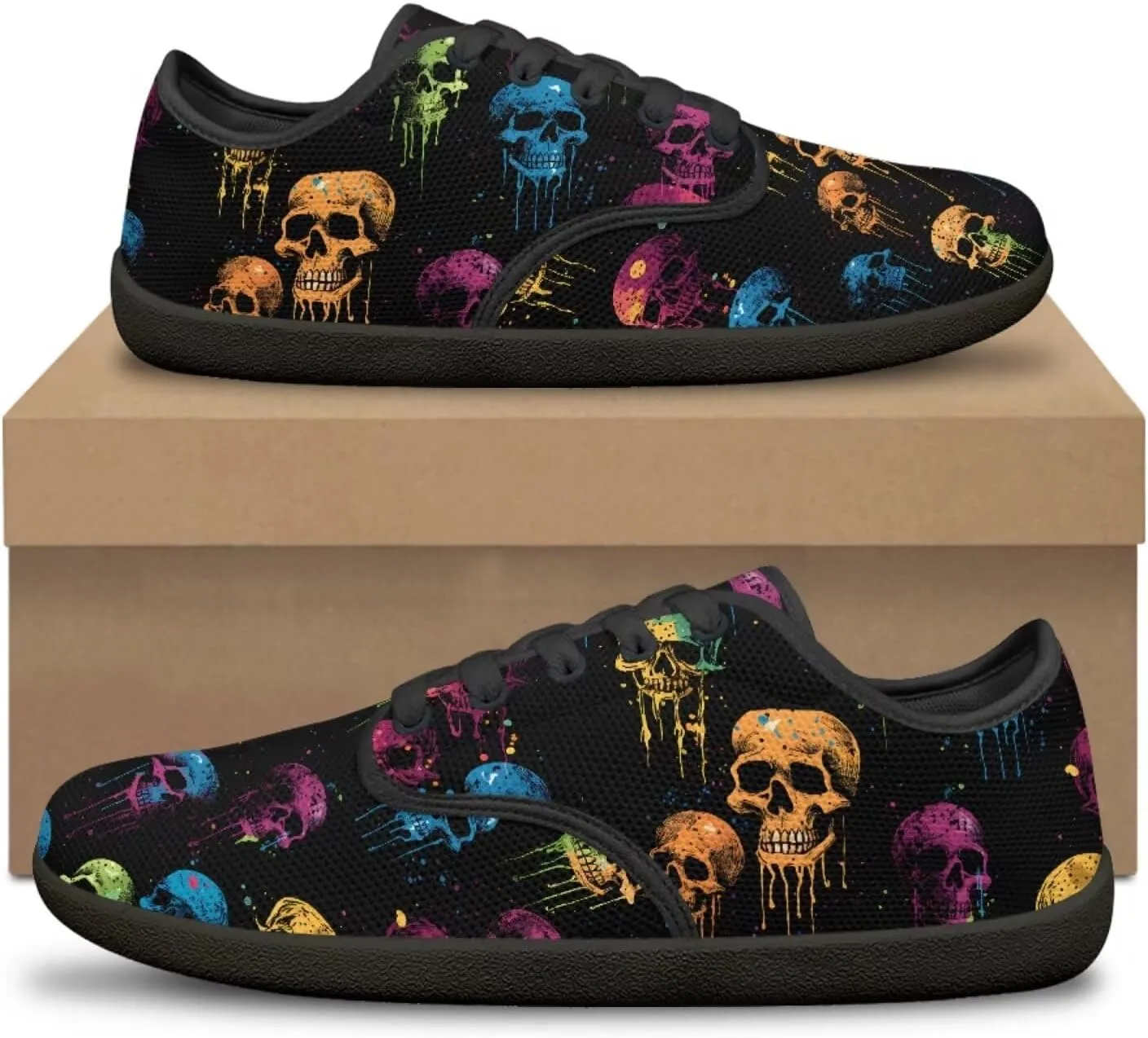 Skull Print Walking Shoes Running Sneakers Fashion Work Flats Lace-Up Driving Loafers for Women