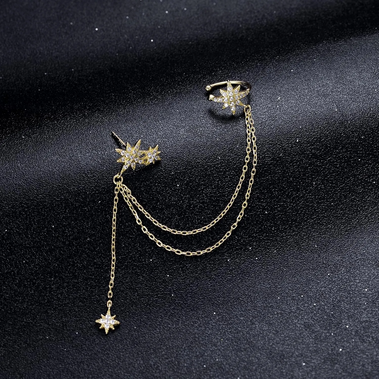 SLUYNZ 925 Sterling Silver Fashion Star Cuff Earring Chain for Women Star Crawler Earring Wrap Earrings