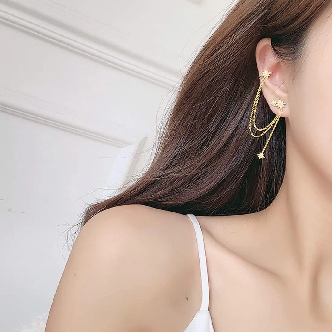 SLUYNZ 925 Sterling Silver Fashion Star Cuff Earring Chain for Women Star Crawler Earring Wrap Earrings
