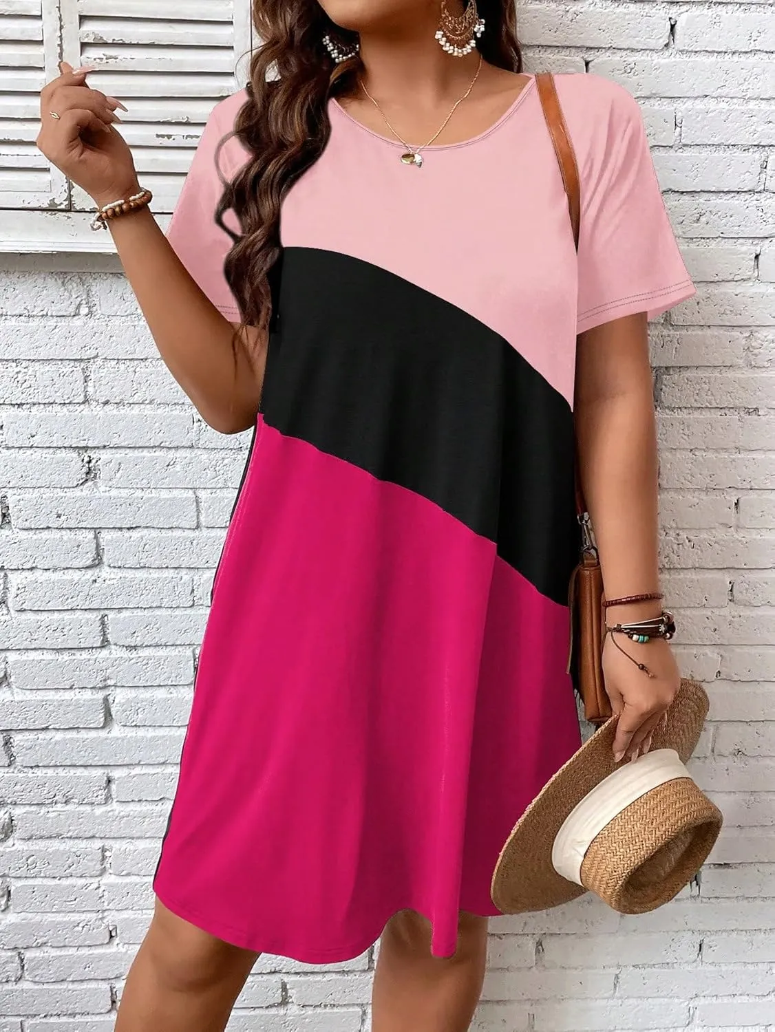 SOLY HUX Women's Plus Size Dress Color Block Short Sleeve T Shirt Dress Casual Summer Dresses