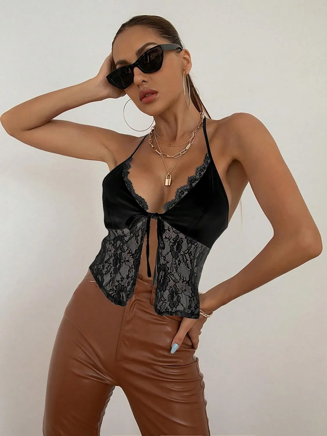 SOLY HUX Women's Sexy Lace Trim Tie Front Split Halter Cami Crop Tops