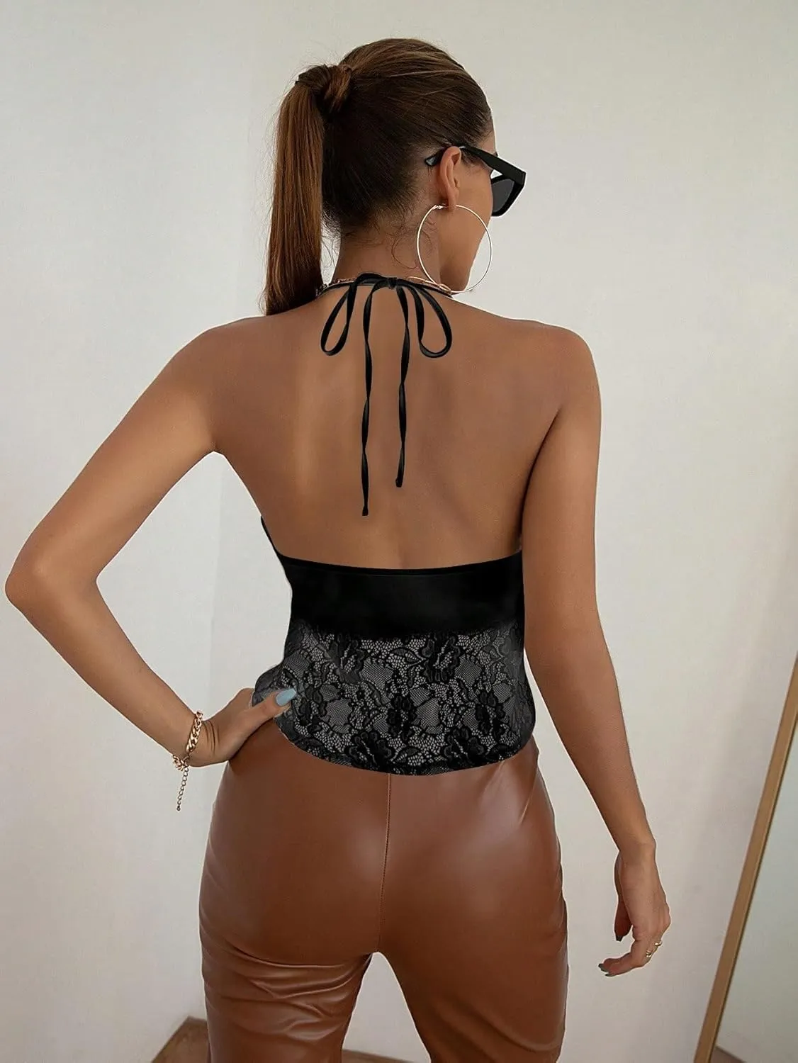 SOLY HUX Women's Sexy Lace Trim Tie Front Split Halter Cami Crop Tops
