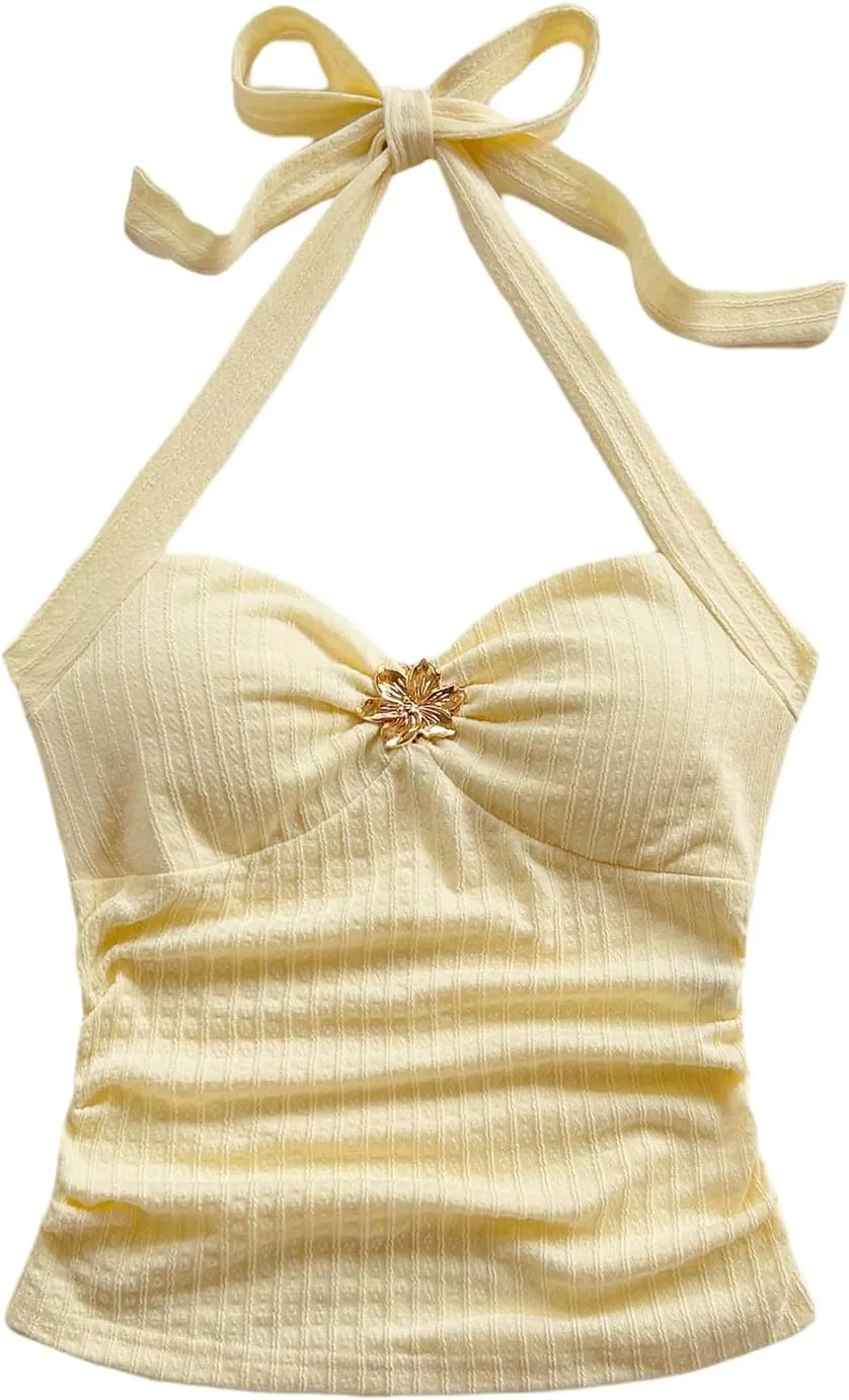 SOLY HUX Women's V Neck Halter Tops Open Back Y2k Ruched Floral Metal Summer Going Out Cami Tops