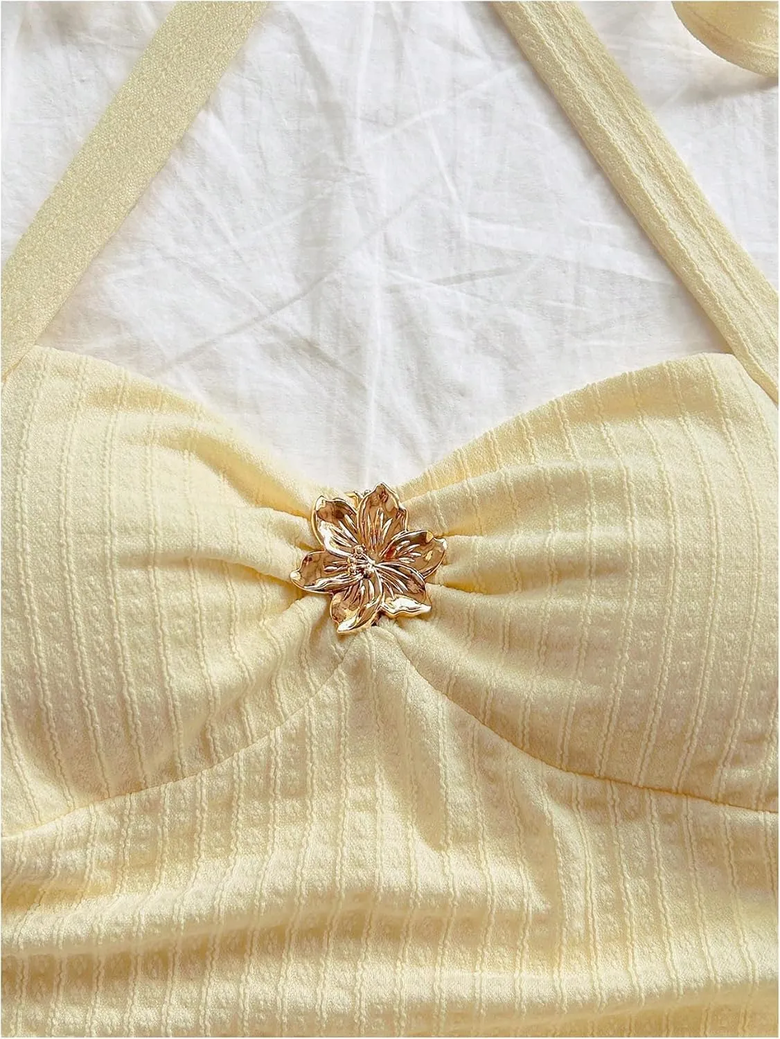 SOLY HUX Women's V Neck Halter Tops Open Back Y2k Ruched Floral Metal Summer Going Out Cami Tops