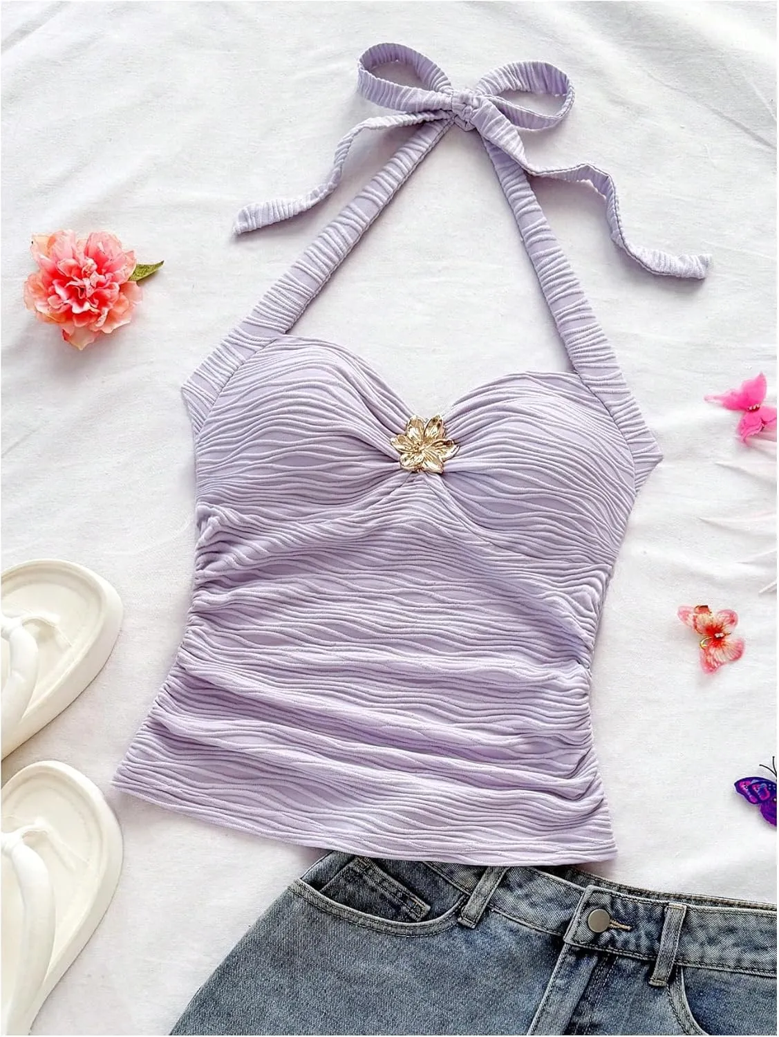 SOLY HUX Women's V Neck Halter Tops Open Back Y2k Ruched Floral Metal Summer Going Out Cami Tops