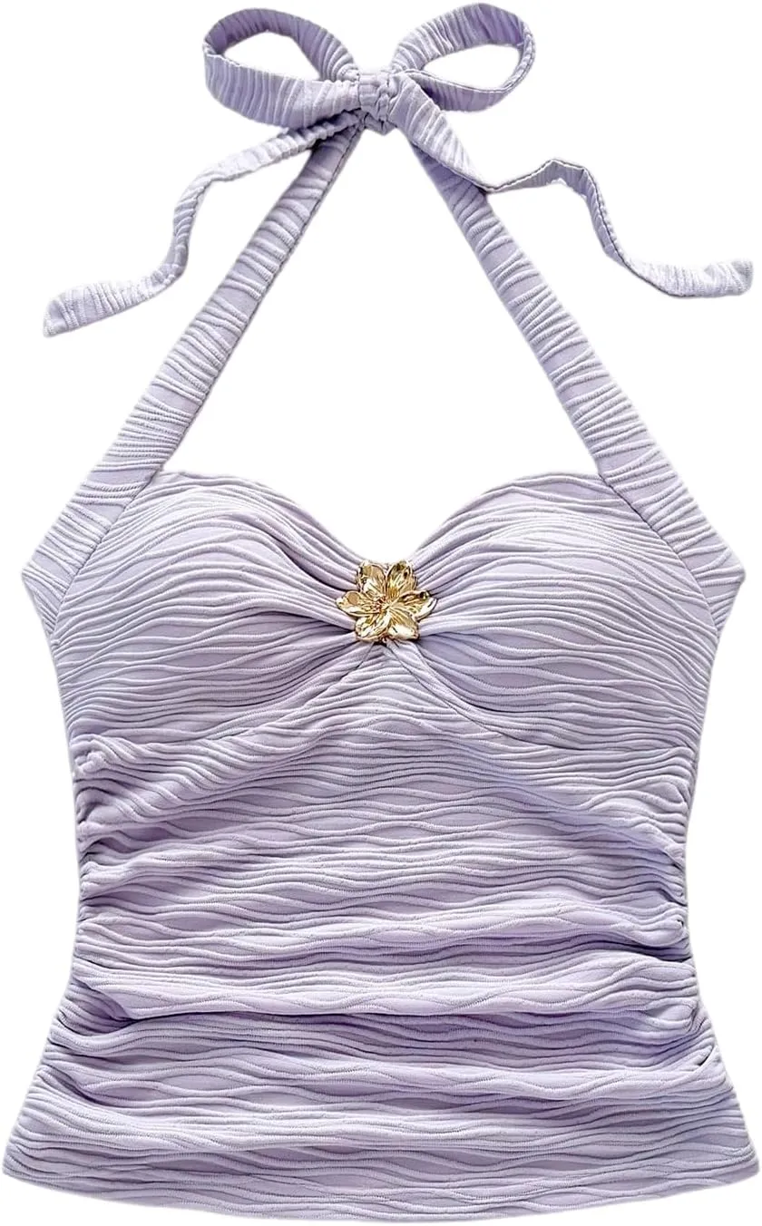 SOLY HUX Women's V Neck Halter Tops Open Back Y2k Ruched Floral Metal Summer Going Out Cami Tops
