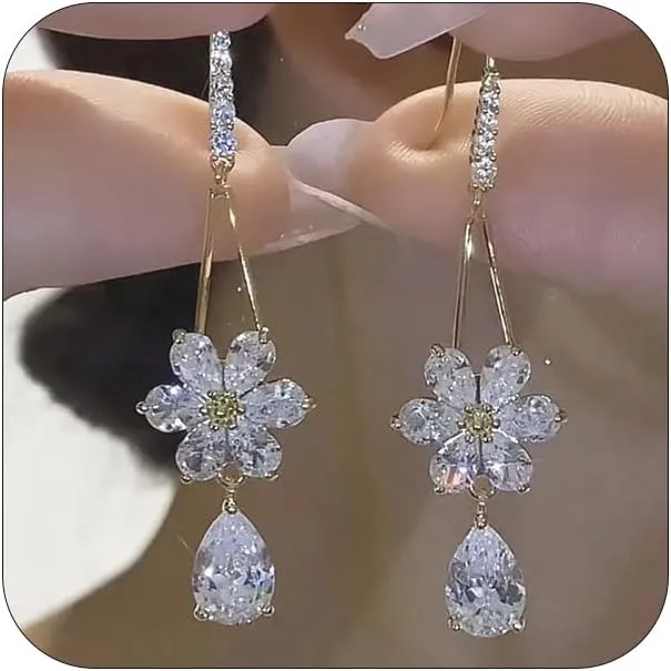 Sparkly Boho Crystal Flower Tear Water Drop Dangle Earrings for Women, Charm Gold Cubic Zirconia Floral Flowers Teardrop Hook Earring Jewelry Gifts