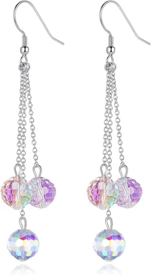 Sparkly Disco Earrings for Women Party Prom Glass Crystal Drop Dangle Earrings Disco Jewelry Glitter Ball Beads Earrings Dangling 925 Sterling Silver Hook Earring