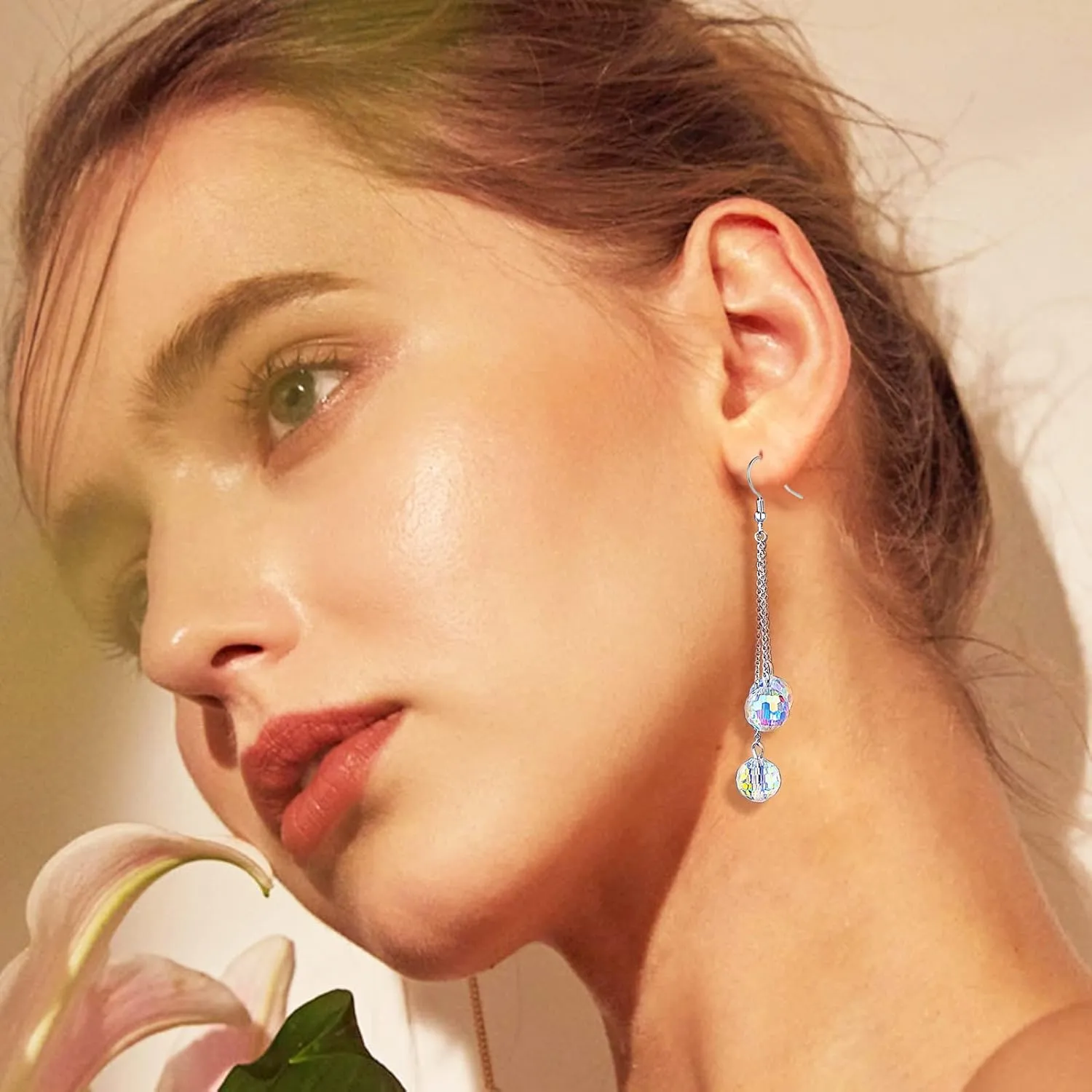 Sparkly Disco Earrings for Women Party Prom Glass Crystal Drop Dangle Earrings Disco Jewelry Glitter Ball Beads Earrings Dangling 925 Sterling Silver Hook Earring