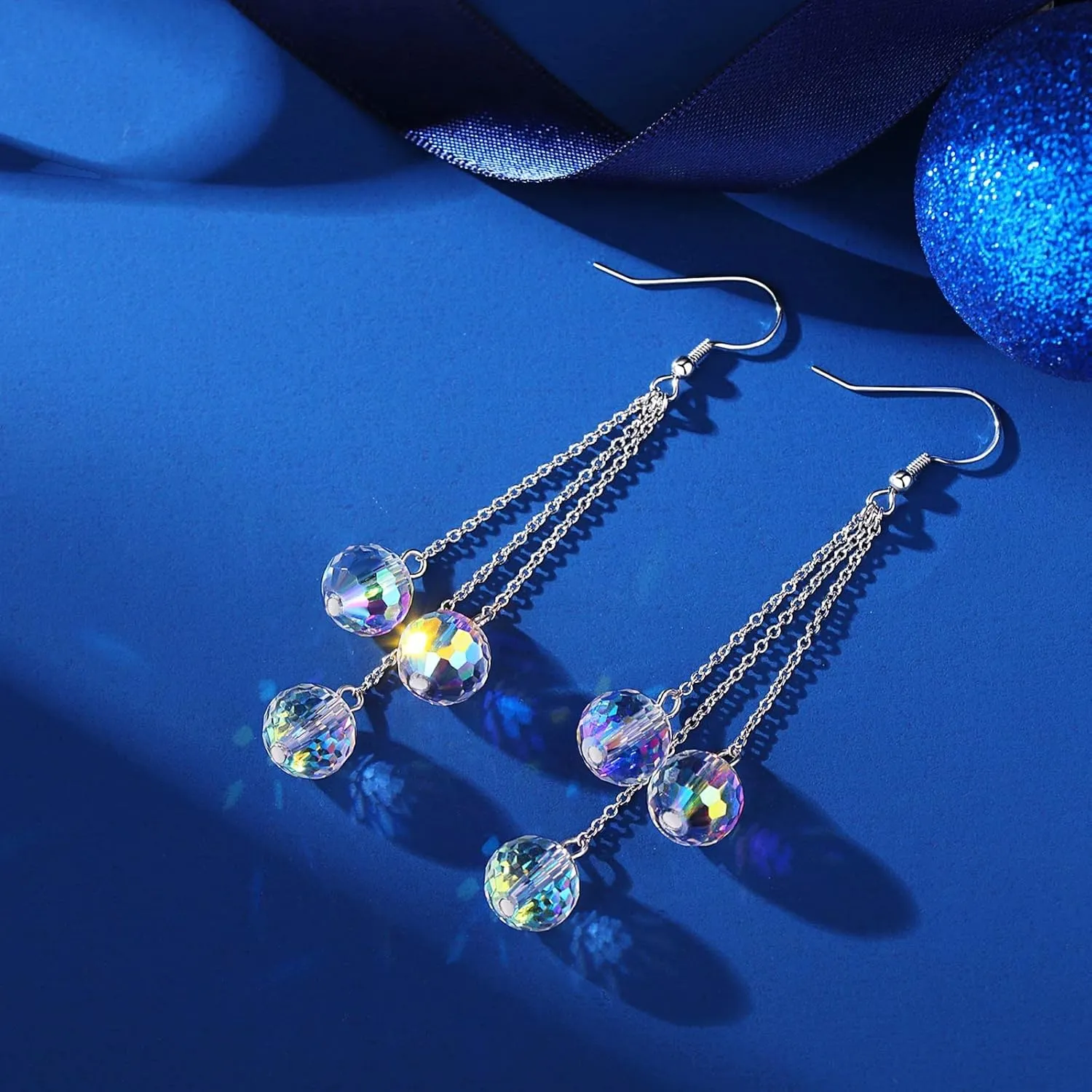 Sparkly Disco Earrings for Women Party Prom Glass Crystal Drop Dangle Earrings Disco Jewelry Glitter Ball Beads Earrings Dangling 925 Sterling Silver Hook Earring