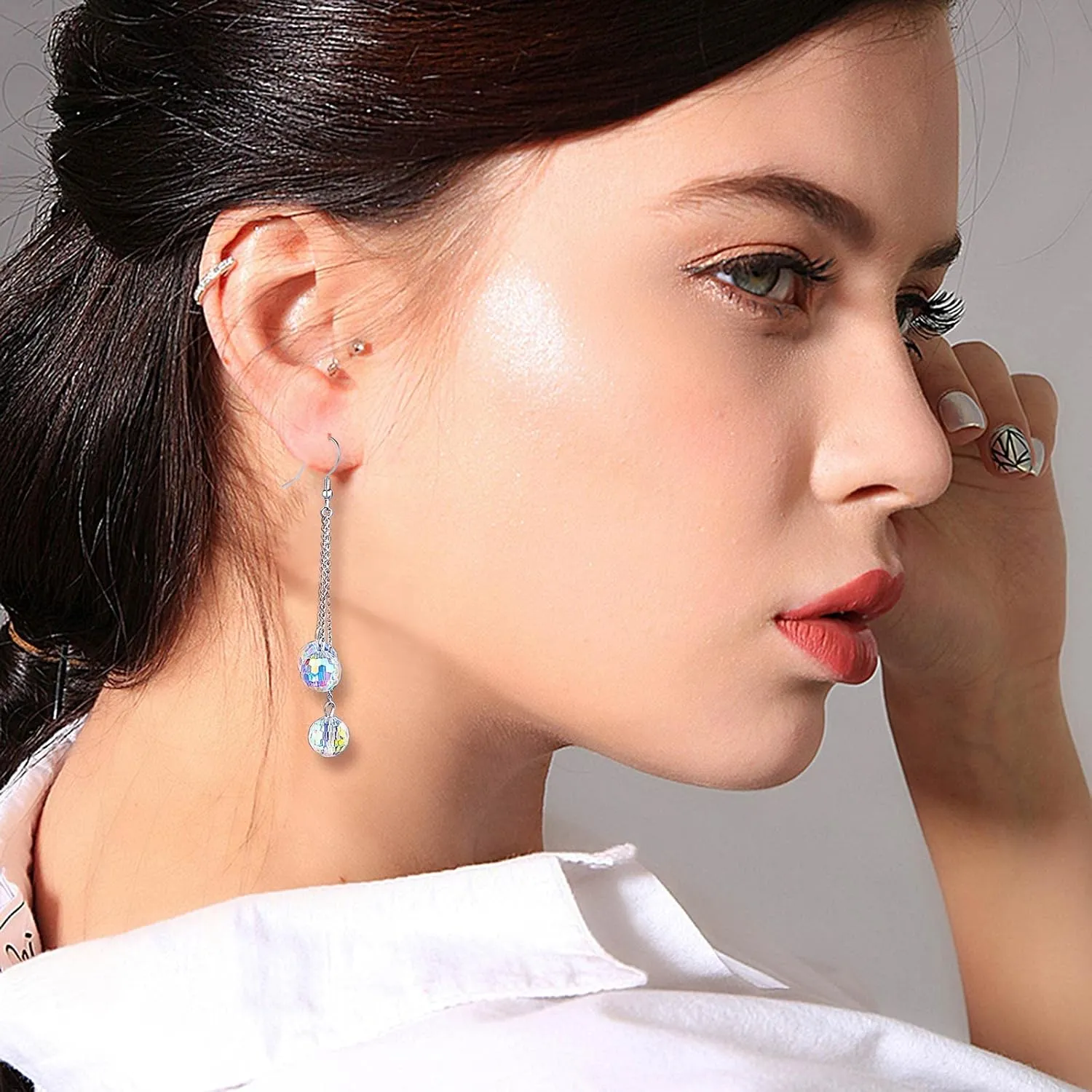 Sparkly Disco Earrings for Women Party Prom Glass Crystal Drop Dangle Earrings Disco Jewelry Glitter Ball Beads Earrings Dangling 925 Sterling Silver Hook Earring