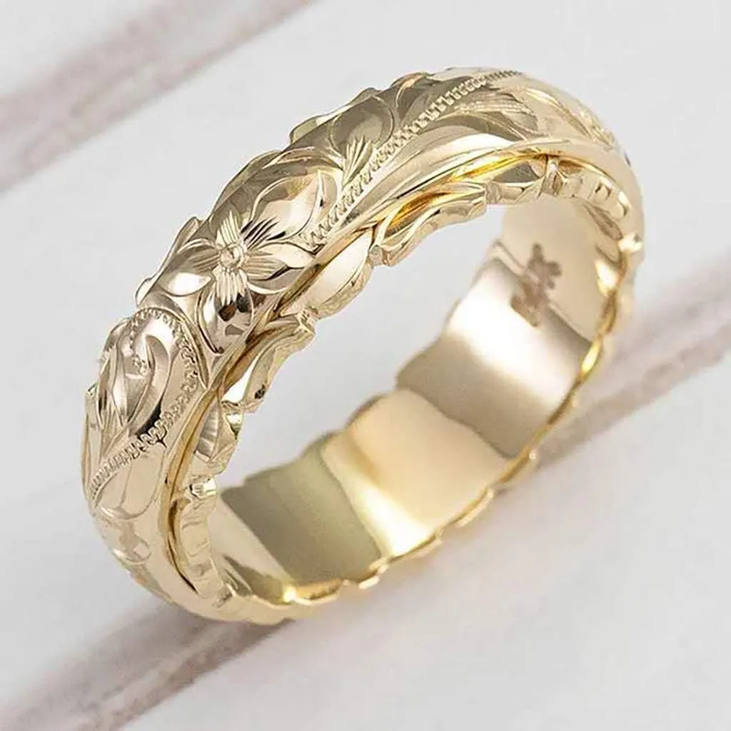 Stainless Steel Ring for Lady,Gold Plated Wedding Chunky Band Hollow Carved Rose Flower Statement Ring Jewelry Birthday Gift