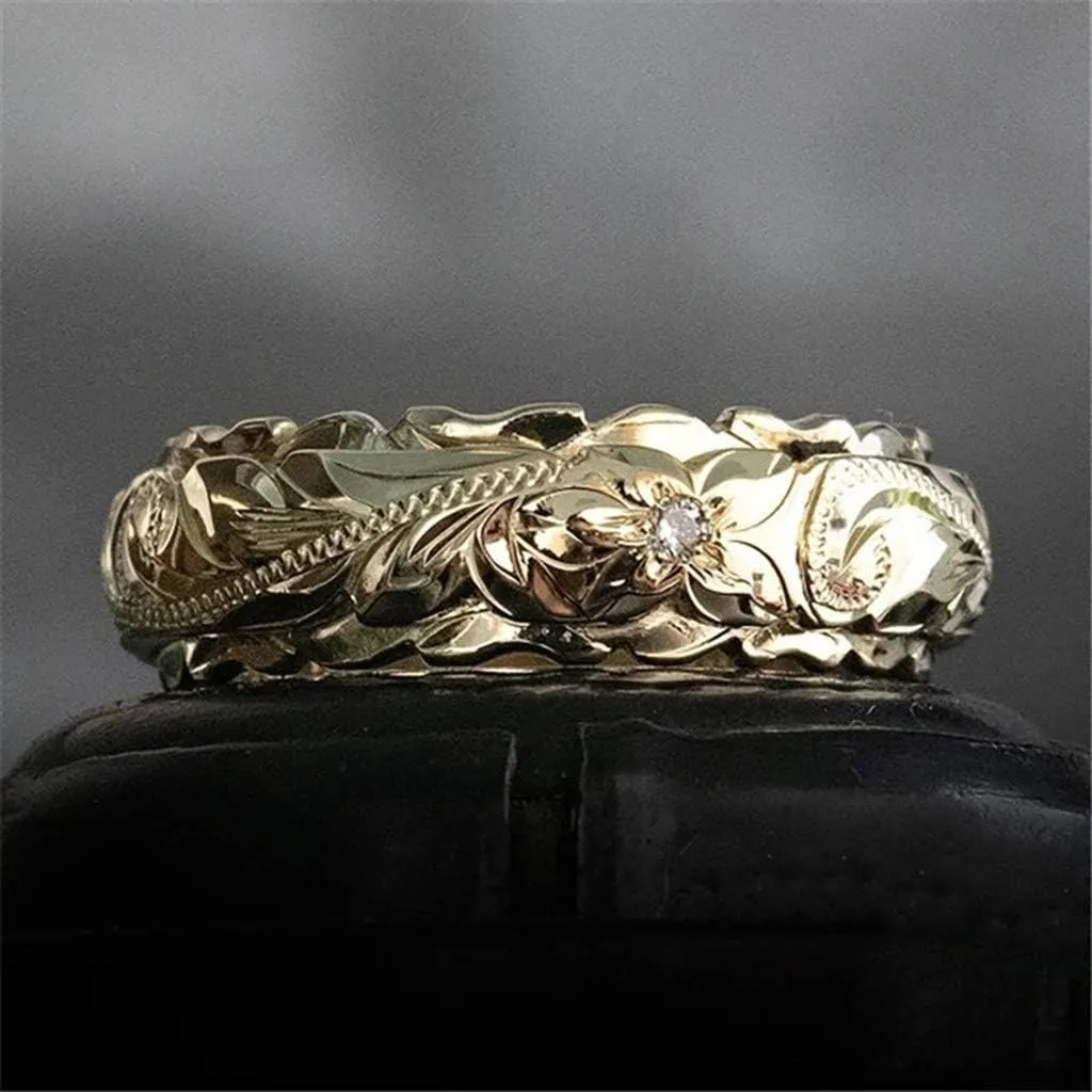 Stainless Steel Ring for Lady,Gold Plated Wedding Chunky Band Hollow Carved Rose Flower Statement Ring Jewelry Birthday Gift