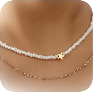 Stocking Stuffers Holiday Outfits for Women 2024 Pearl Necklaces for Women Boho Layered Choker Necklaces White Beaded Necklaces Heart Choker Jewelry Birthday Gift Valentine's Day Gifts