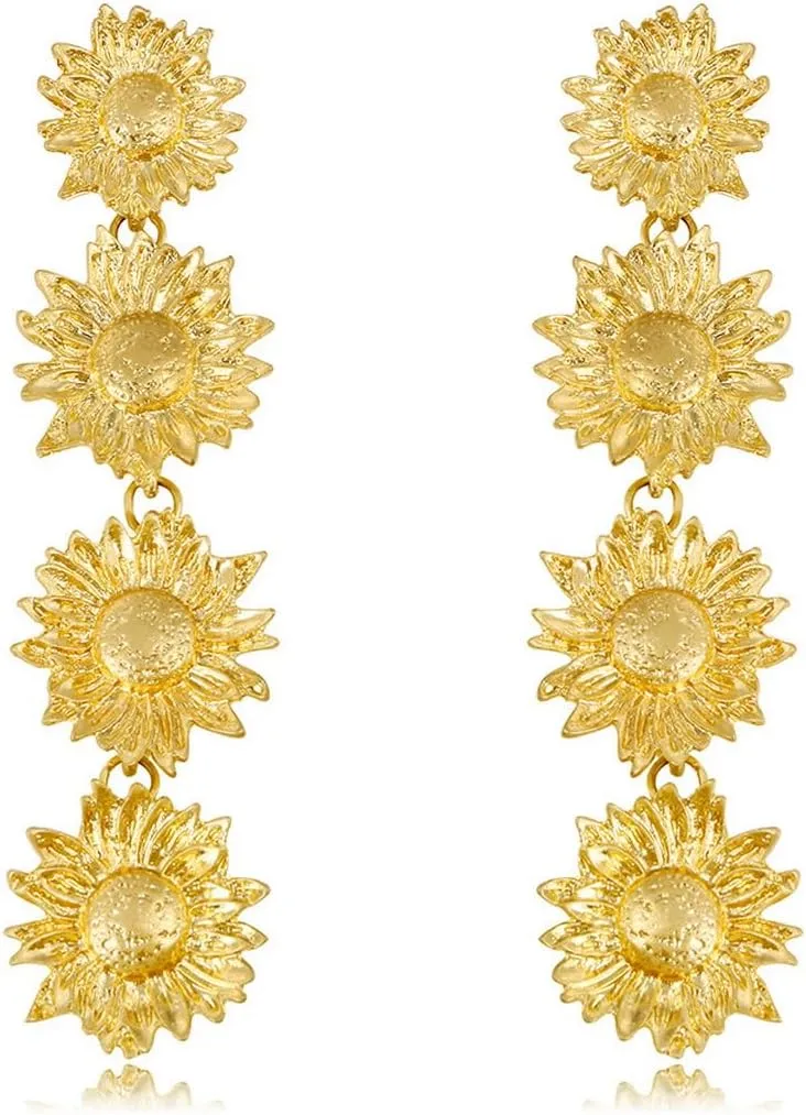 Sunflower Dangle Earrings Layered Flowers Dangly Earrings Gold Plated Floral Petals Multi-layered Tassel Earrings,Statement Aesthetic Earrings Trendy Summer Jewerly Gifts for Women Girls