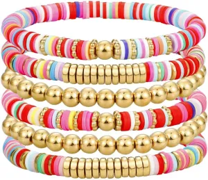 Surfer Heishi Clay Bead Bracelets for Women Pink Bohemian Stackable Stretch Beaded Bracelets Set Polymer Clay Bracelets Friendship Bracelets Preppy Bracelets Boho Summer Beach Jewelry for Women