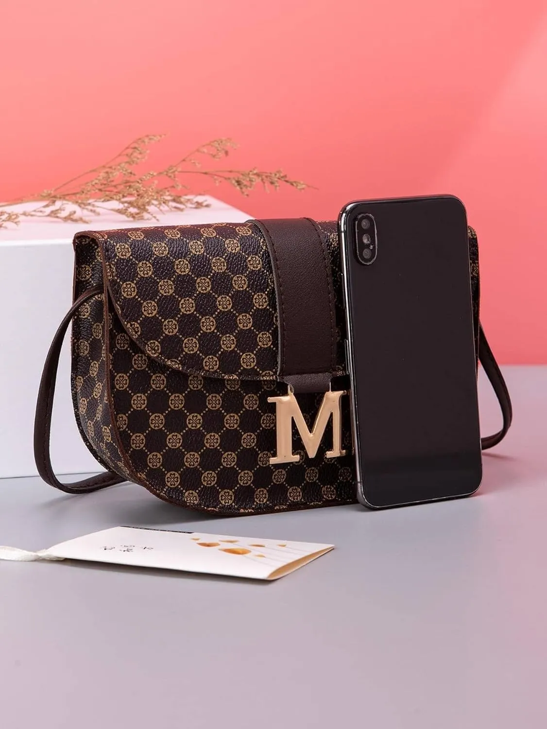 SweatyRocks Women's Allover Print PU Leather Crossbody Bag Vintage Flap Shoulder Bag Business Solid Mini Saddle Bag