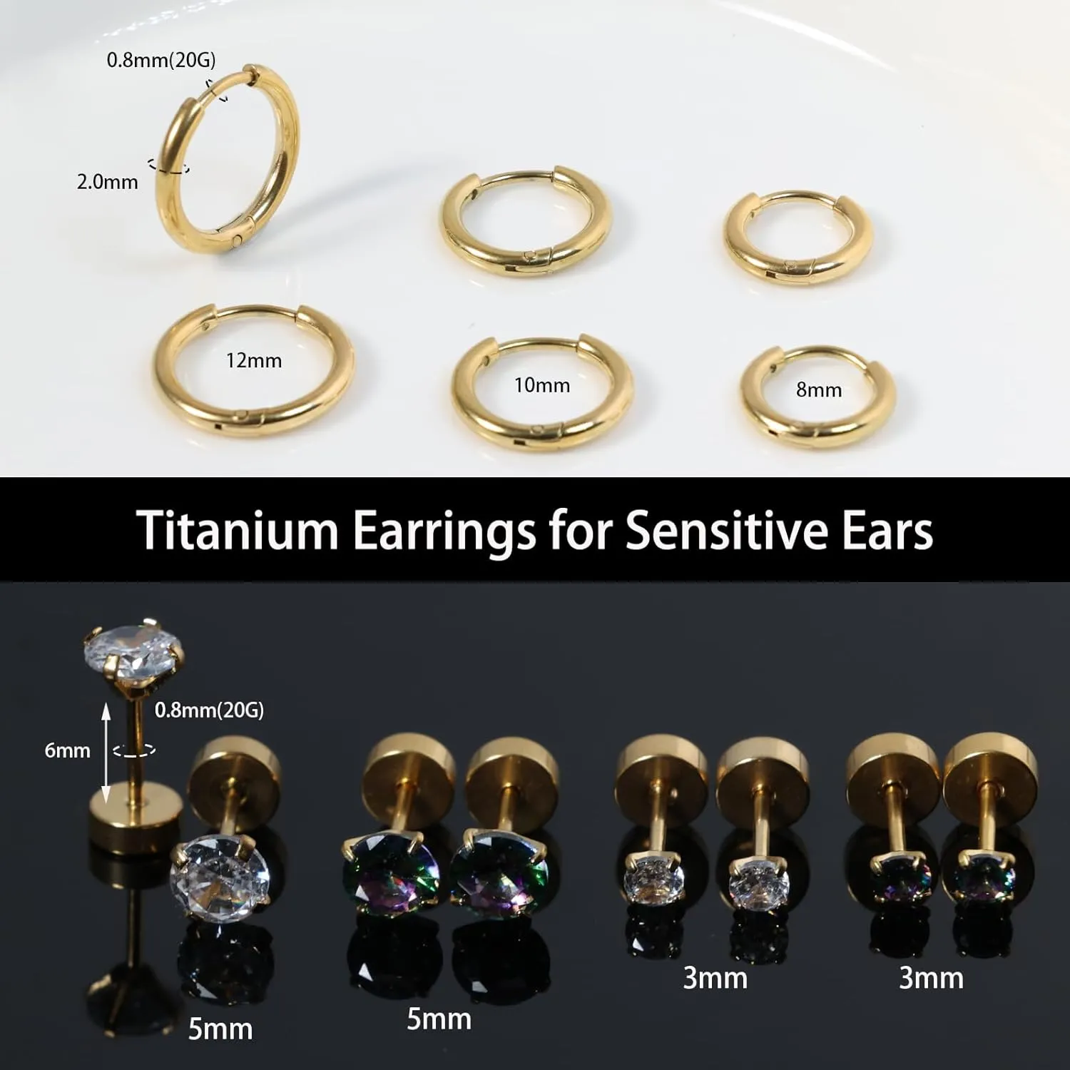 Titanium Earrings for Sensitive Ears - Flat Back Stud & Hoop Earrings Set, Hypoallergenic Surgical Stainless Steel Cubic Zirconia, 7 Pairs