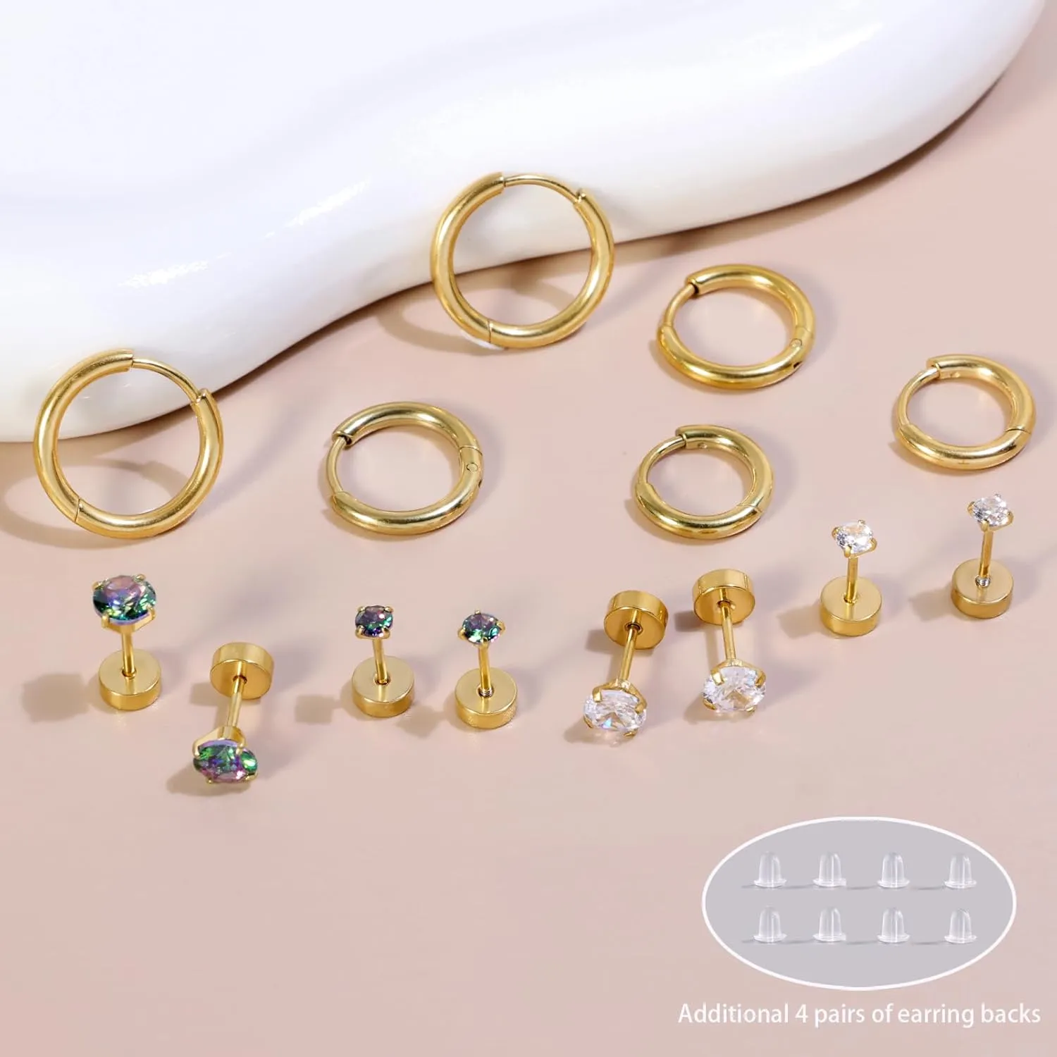Titanium Earrings for Sensitive Ears - Flat Back Stud & Hoop Earrings Set, Hypoallergenic Surgical Stainless Steel Cubic Zirconia, 7 Pairs