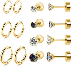 Titanium Earrings for Sensitive Ears - Flat Back Stud & Hoop Earrings Set, Hypoallergenic Surgical Stainless Steel Cubic Zirconia, 7 Pairs