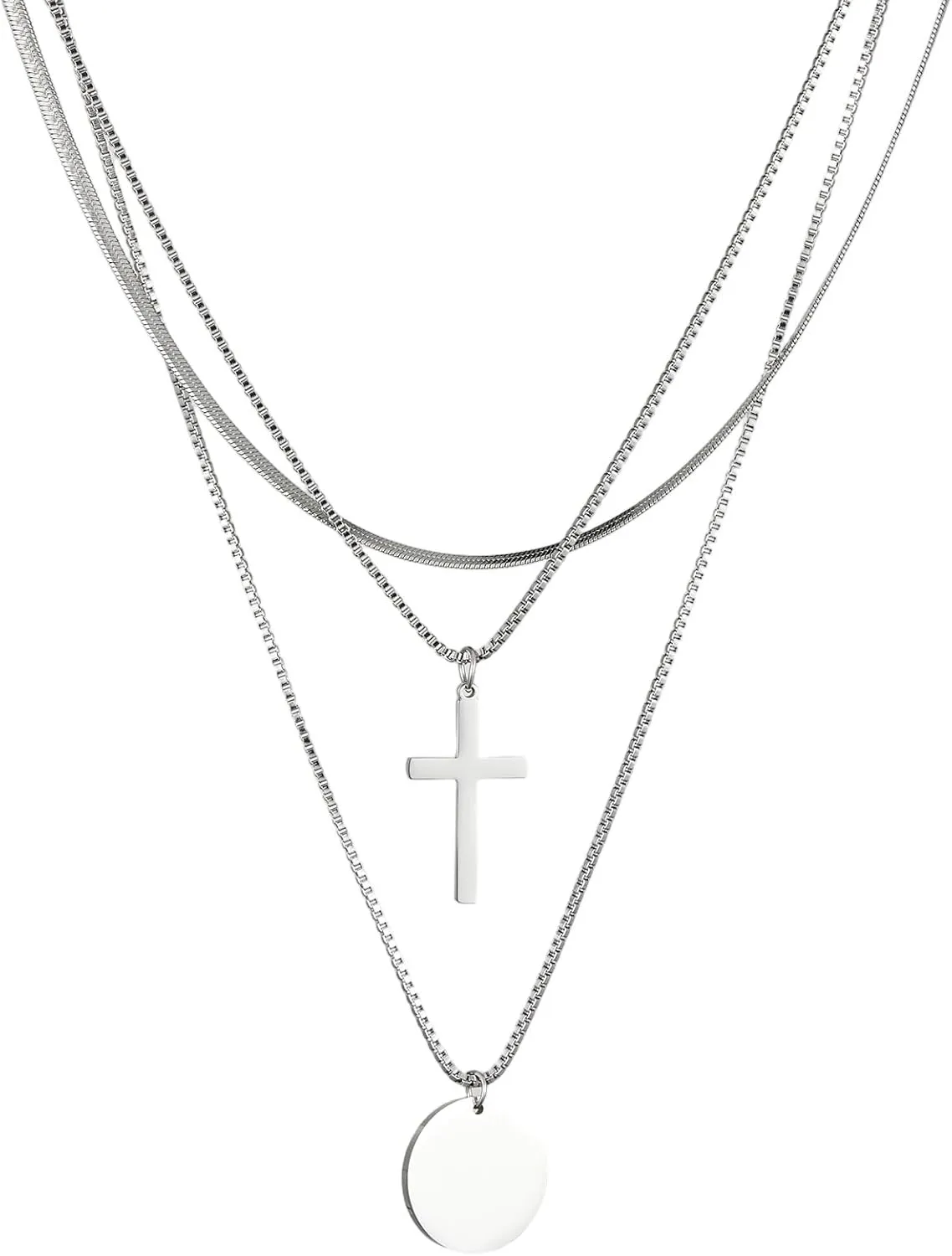 Triple-Strand Necklace with Cross Pendant and Disc Charm, Silver Tone