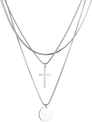 Triple-Strand Necklace with Cross Pendant and Disc Charm, Silver Tone