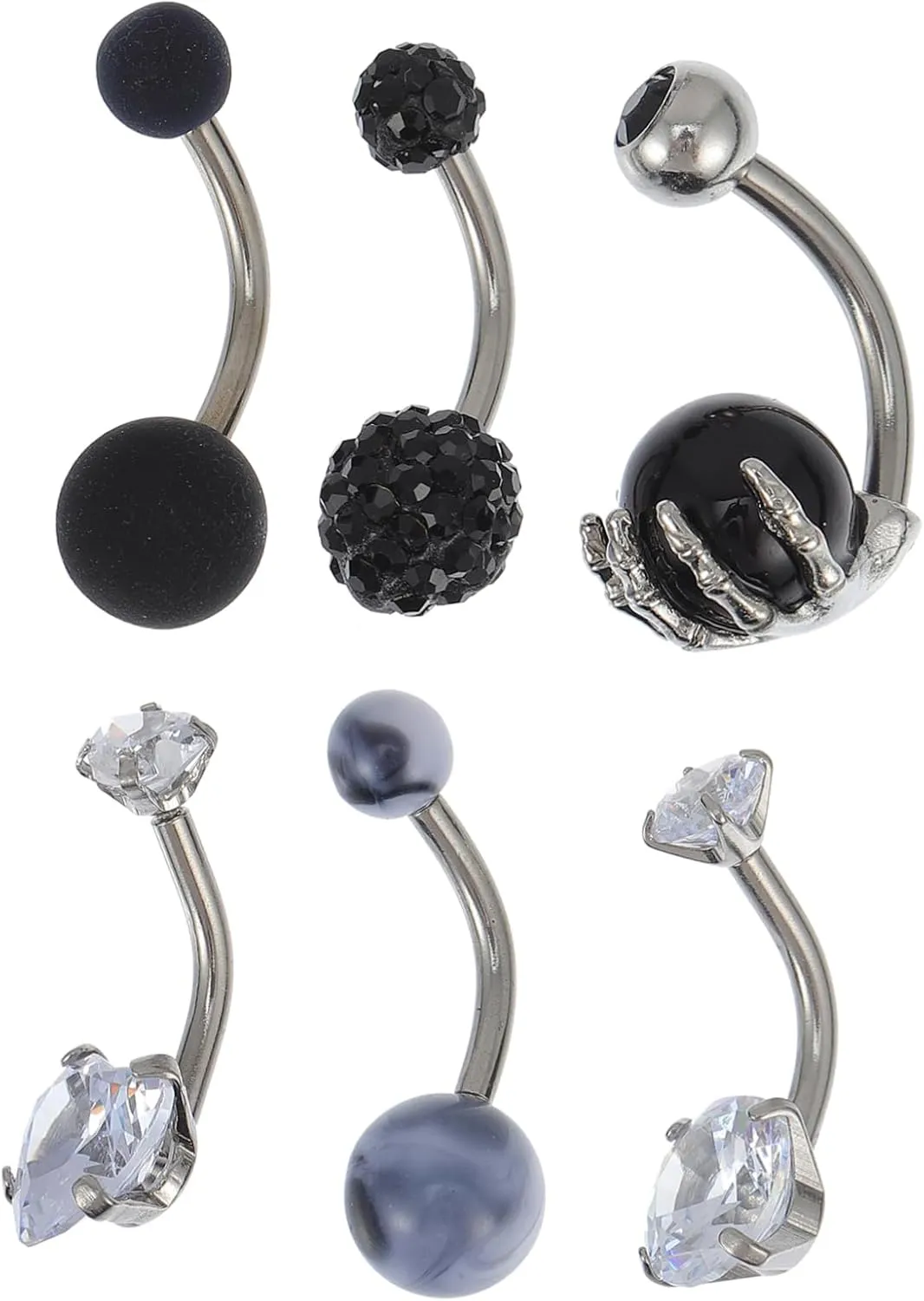 VALICLUD Diamond Belly Button Ring Set 6 Pcs Navel in Stainless Steel for Safe Piercings - Sparkle