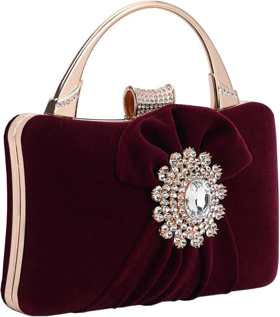 Velvet Evening Bags For Women With Flower Closure Rhinestone Crystal Embellished Clutch Purse For Party Wedding