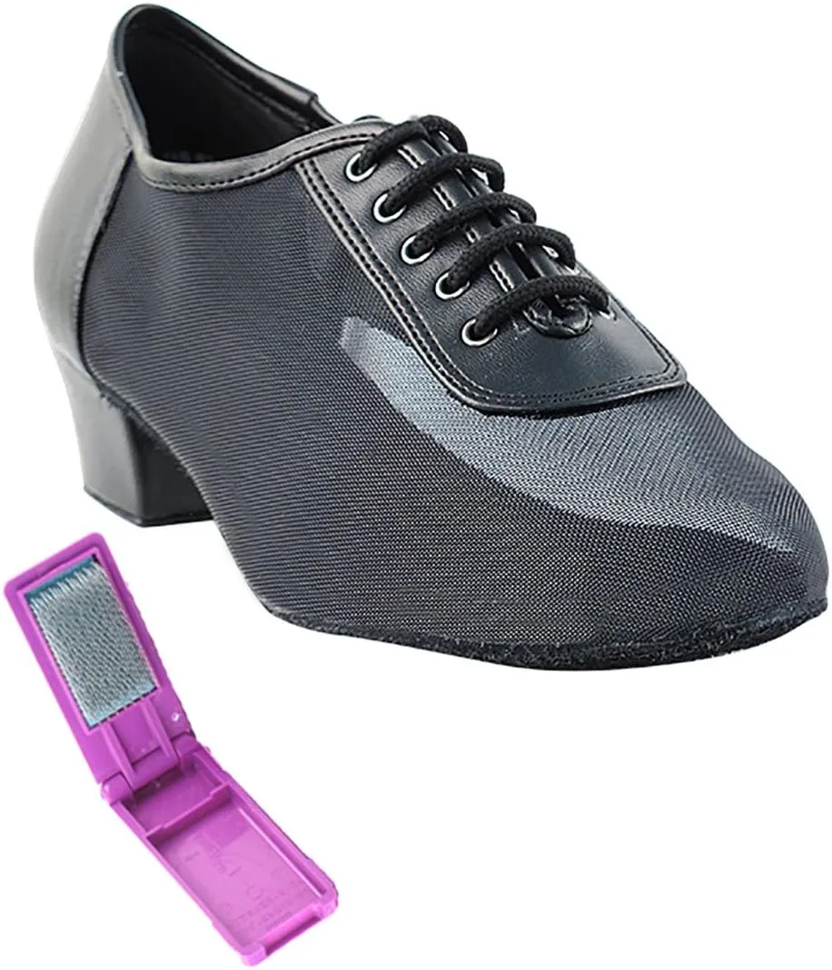 Very Fine Dance Shoes - Ladies Practice, Cuban Low Heel Ballroom Dance Shoes - 2002-1.5-inch Heel and Foldable Brush Bundle - Black Leather - Black Mesh - 8