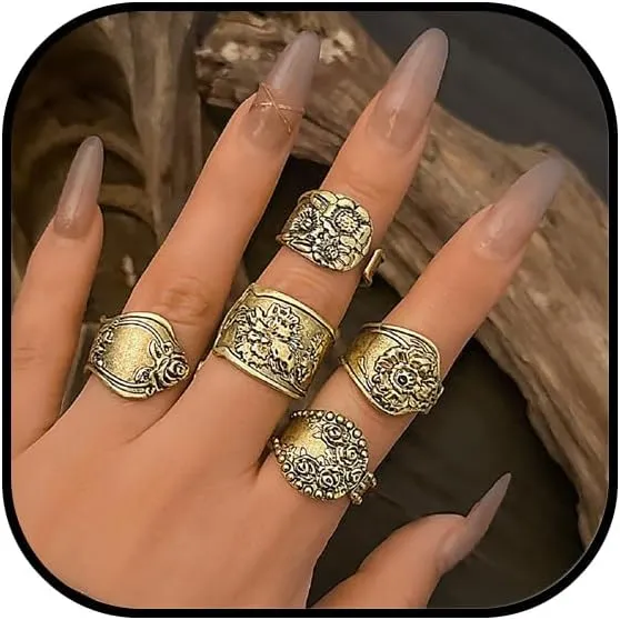 Vintage Chunky Rings Set for Women Gold Silver Bohemian Retro Stacked Rings Statement Hollow Carved Antique Rings Set Y2k Grunge Jewelry