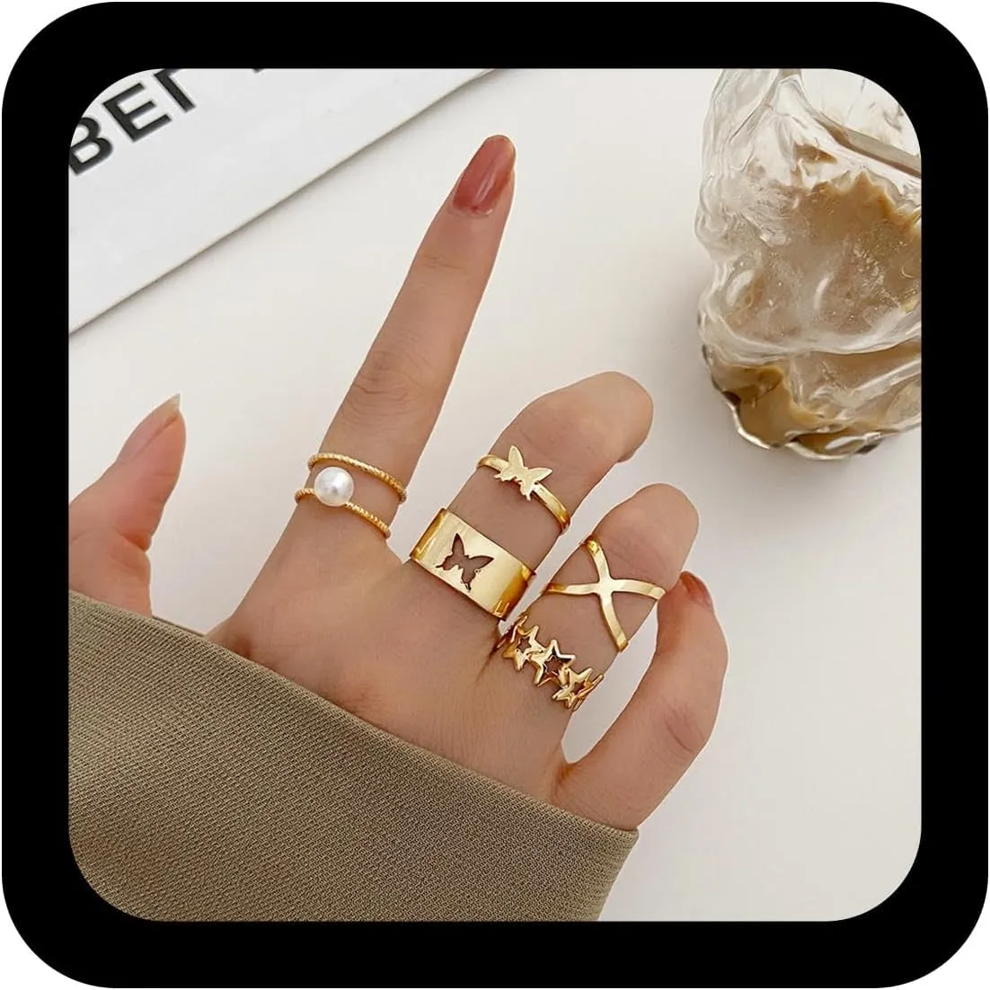 Vintage Pearl Knuckle Rings Set Gold Butterfly Stacking Finger Rings Punk Star Rings Set Gothic Fork Hand Rings Pearl Stacked Rings for Women