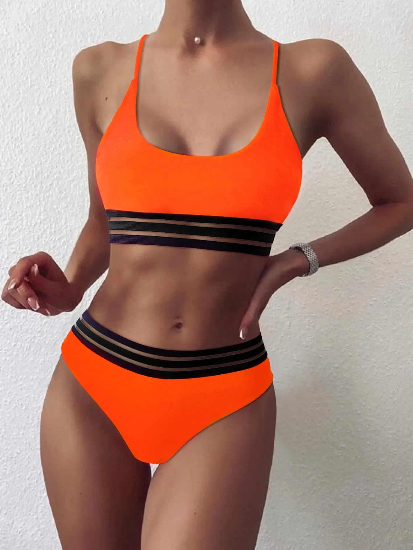 Webbing Patchwork Padded Bra High Waist Swimsuit