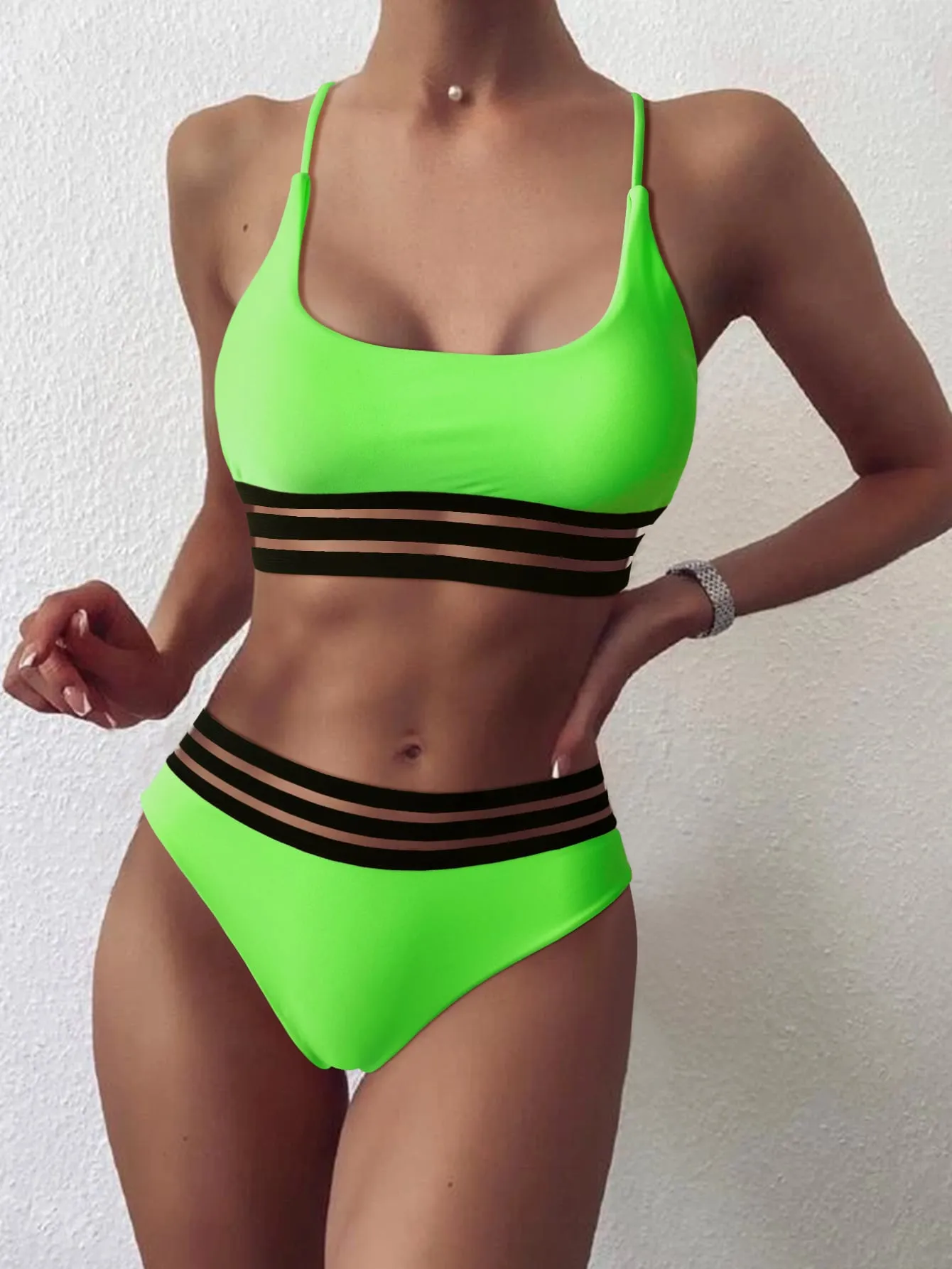 Webbing Patchwork Padded Bra High Waist Swimsuit