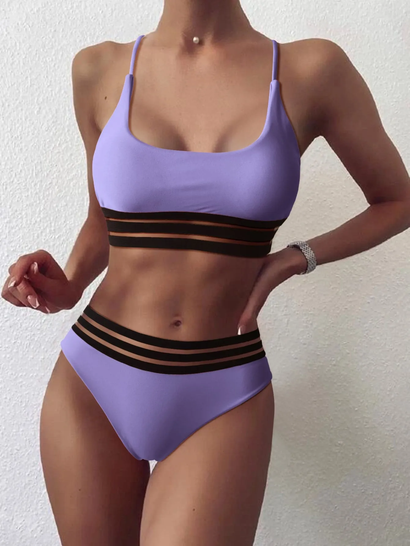 Webbing Patchwork Padded Bra High Waist Swimsuit