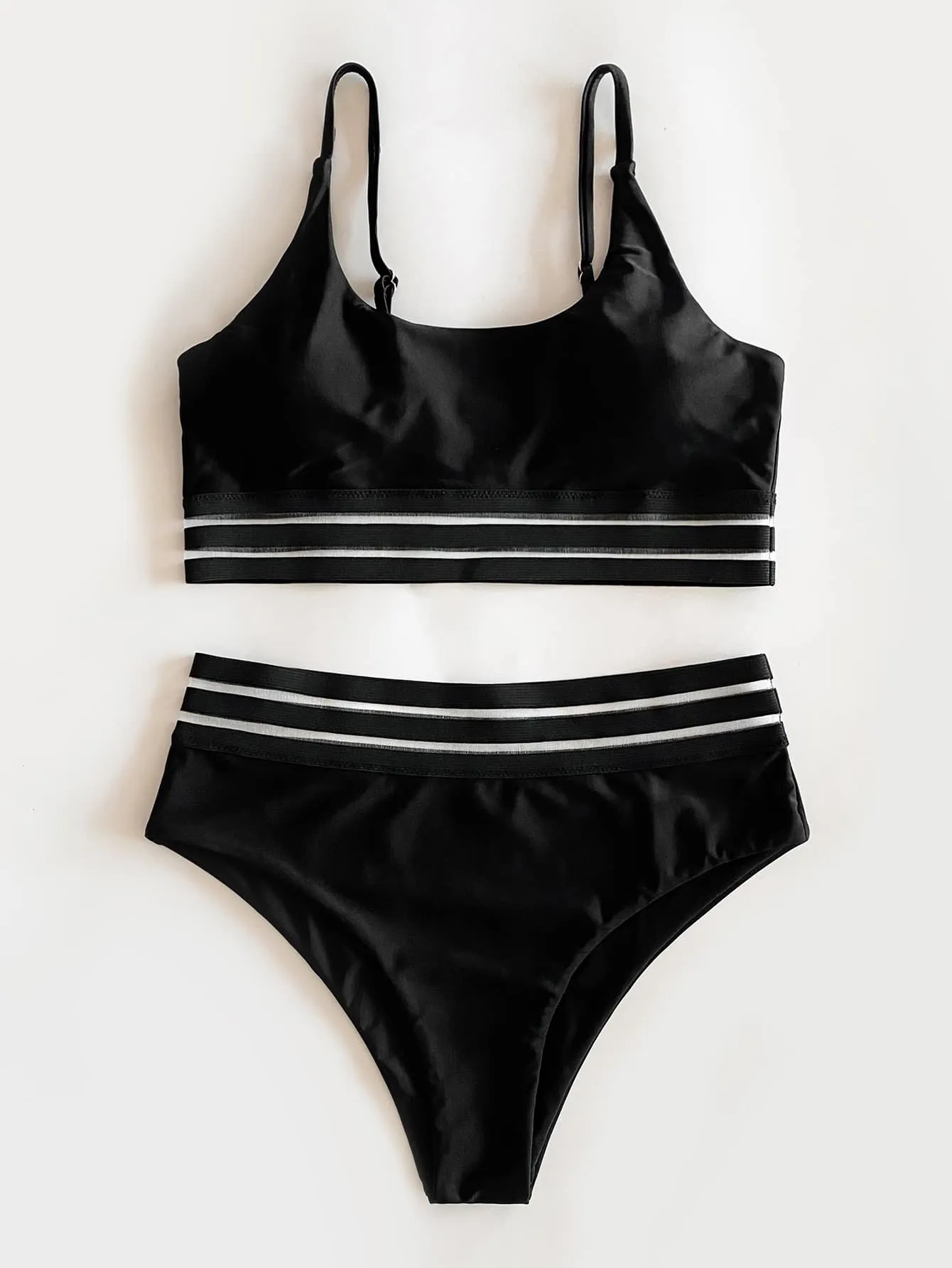 Webbing Patchwork Padded Bra High Waist Swimsuit
