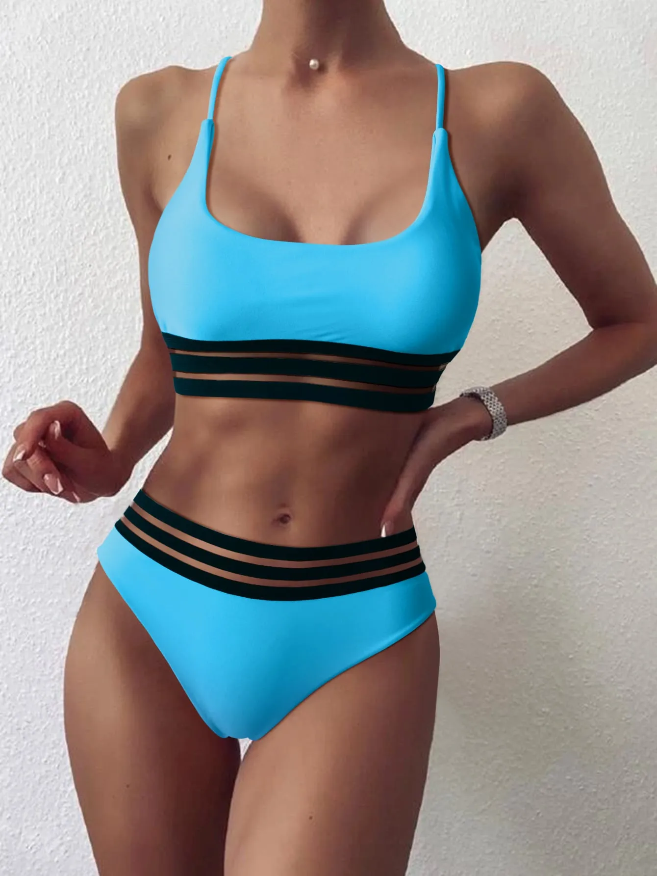 Webbing Patchwork Padded Bra High Waist Swimsuit