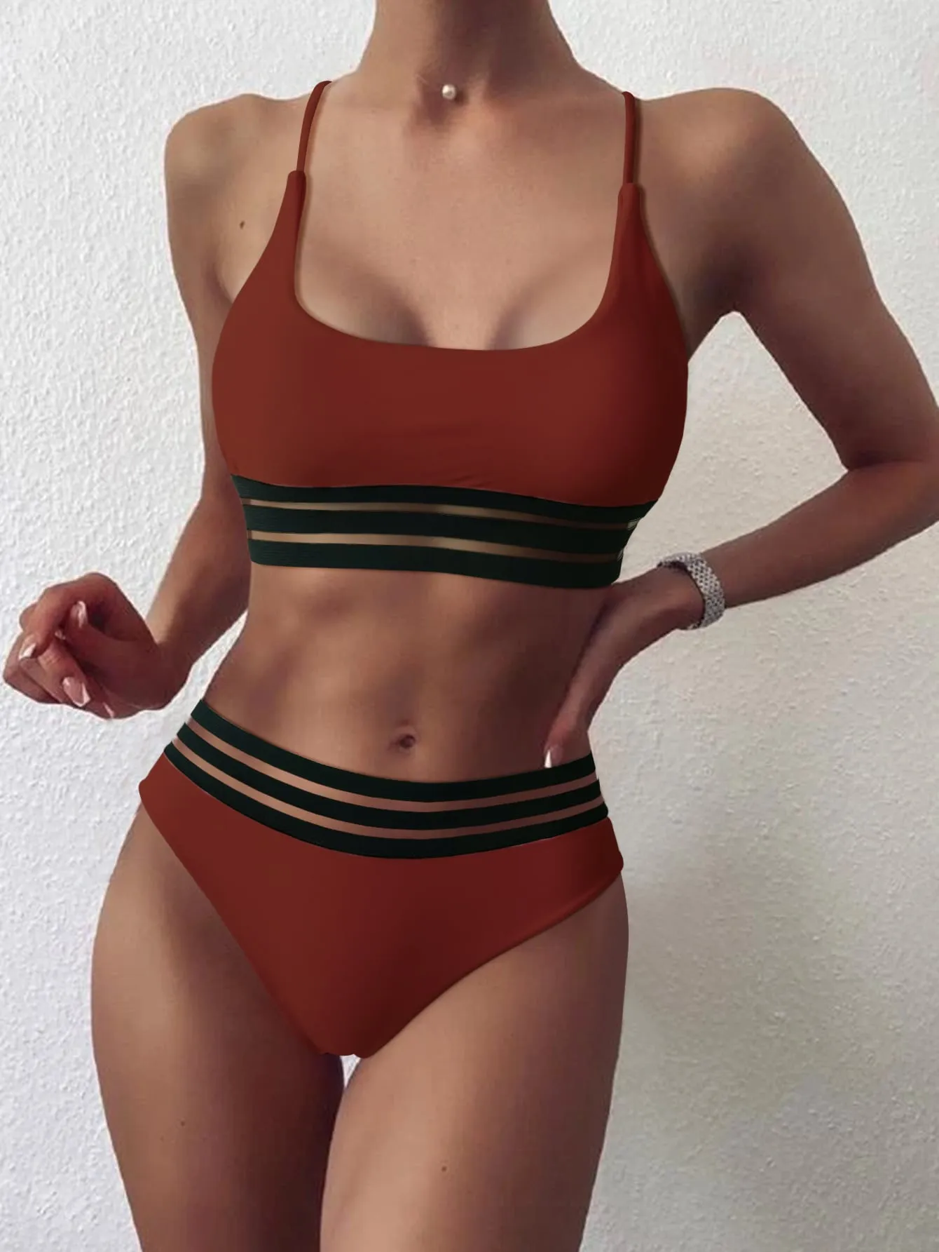 Webbing Patchwork Padded Bra High Waist Swimsuit