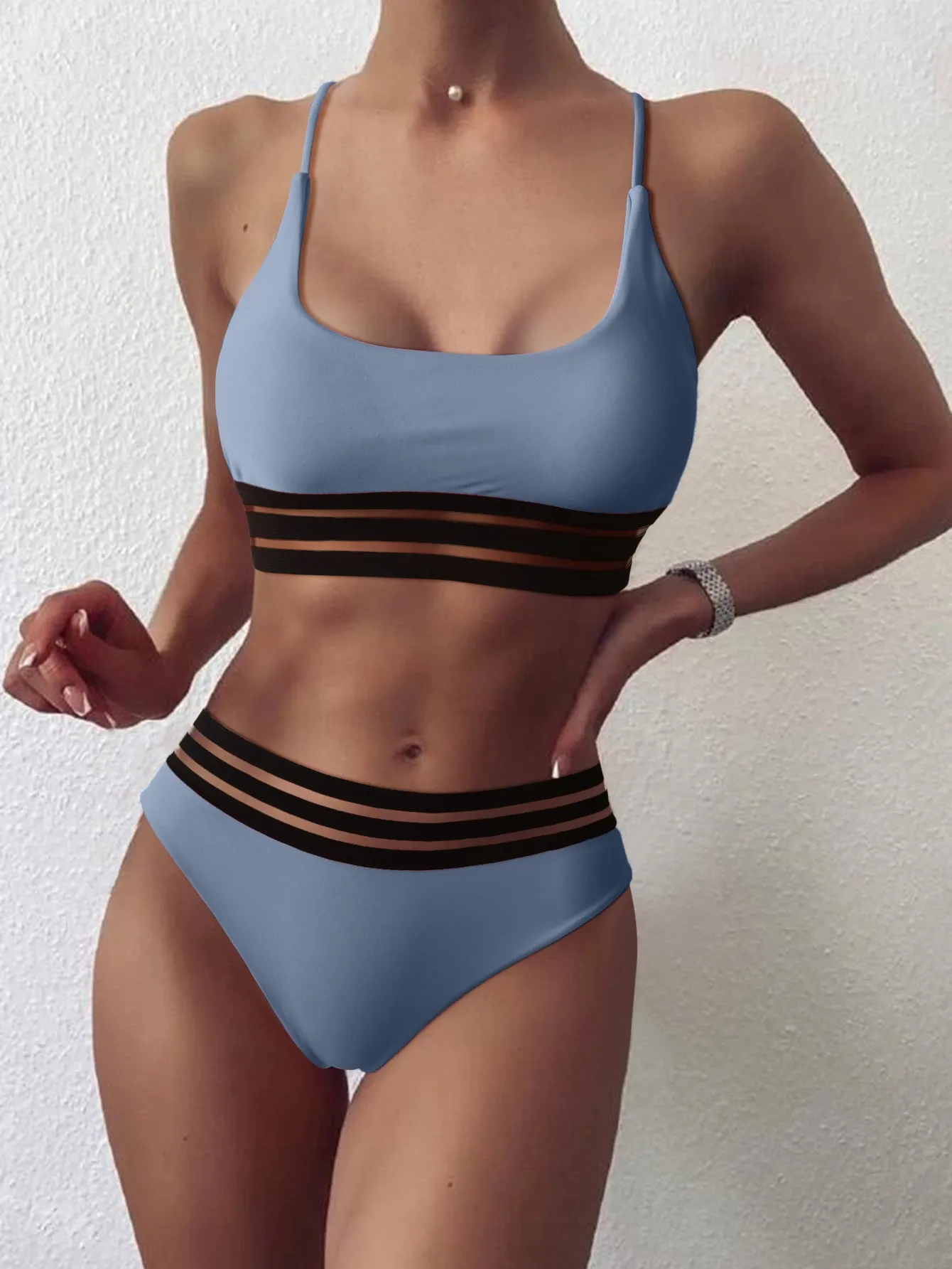 Webbing Patchwork Padded Bra High Waist Swimsuit