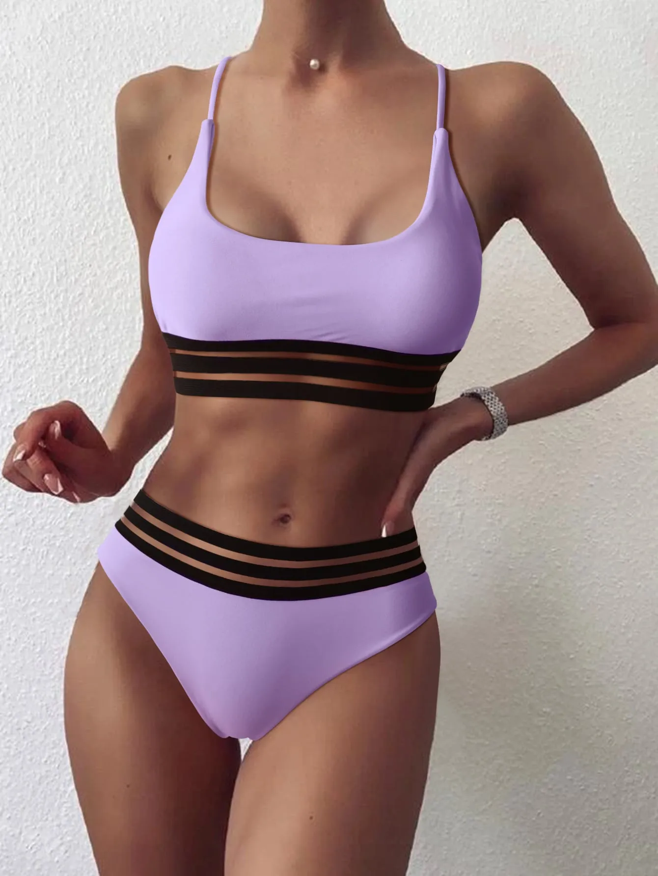 Webbing Patchwork Padded Bra High Waist Swimsuit
