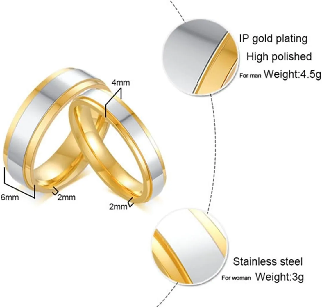Wedding Ring Bands for Him and Her, Couple Rings Set Promise Rings Stainless Steel Comfort Fit Silver Gold Ring 6mm/4mm