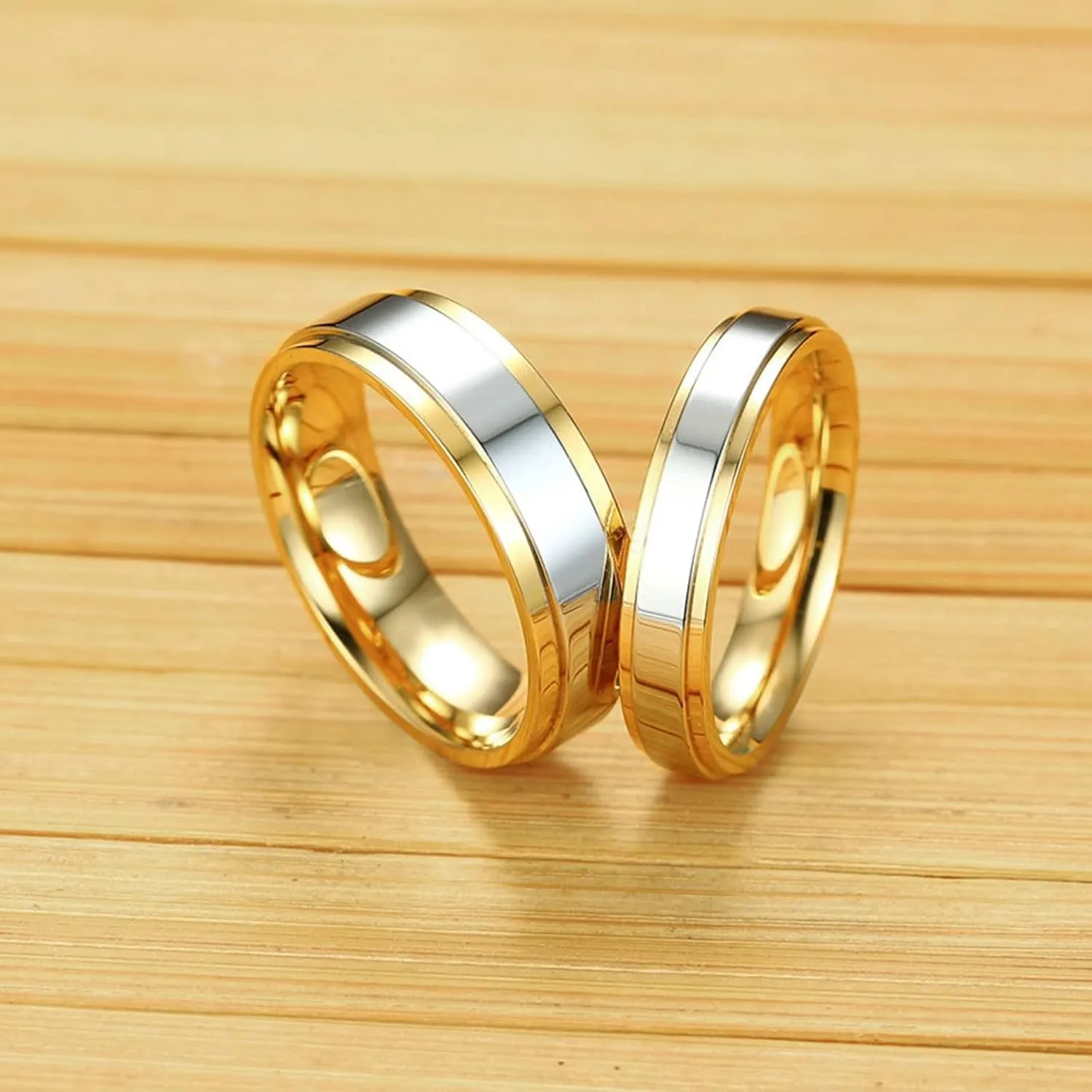 Wedding Ring Bands for Him and Her, Couple Rings Set Promise Rings Stainless Steel Comfort Fit Silver Gold Ring 6mm/4mm