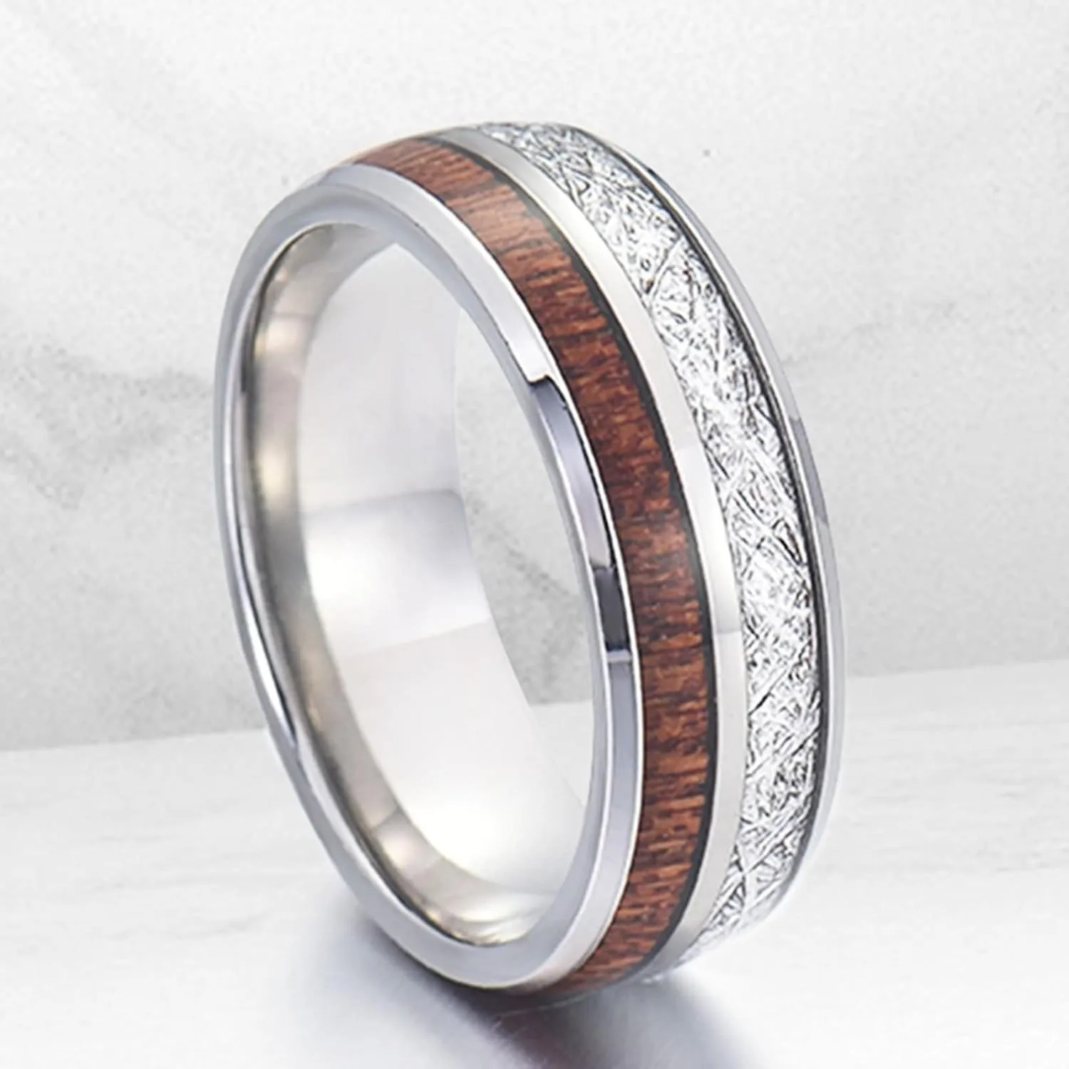 Wedding Rings Set for Him and Her, Couples Promise Rings Set Stainless Steel Comfort Fit 8mm Silver Ring Inlay Wood and Metal