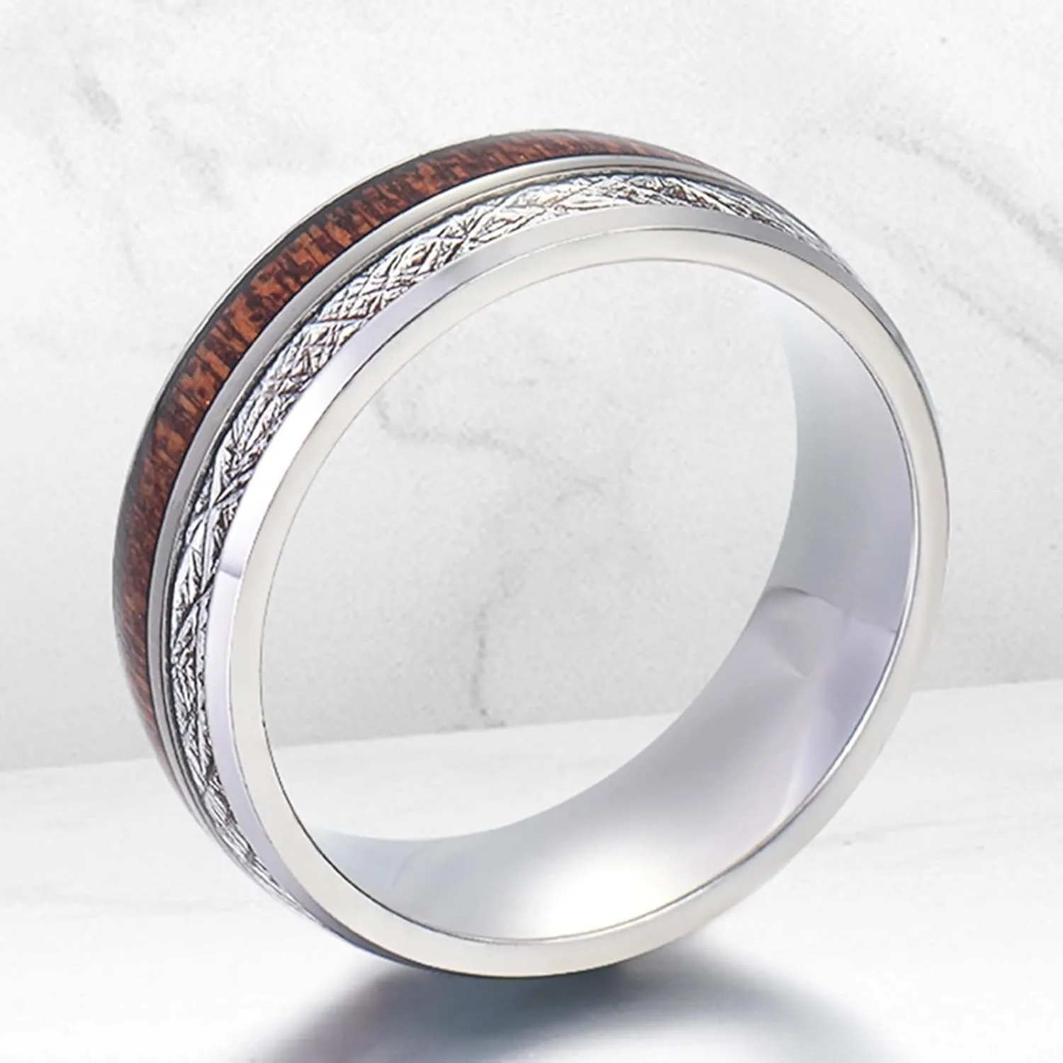 Wedding Rings Set for Him and Her, Couples Promise Rings Set Stainless Steel Comfort Fit 8mm Silver Ring Inlay Wood and Metal
